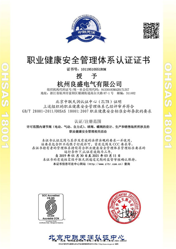 OHSAS18001职业健康安全管理体系认证证书